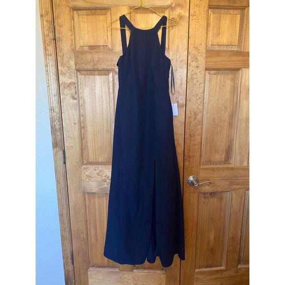 NWT Dessy Collection Dress Cutaway Shoulder Crepe Column Midnight Blue Size 4 - Picture 8 of 10